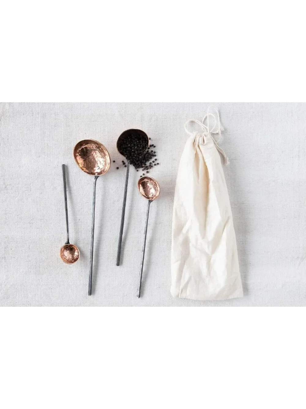 Farmhouse Textured Copper Ladles Set of 4 with Metal Handles & Drawstring Bag
